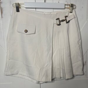 White Pleated Skort With Gold Horsebit Hardware